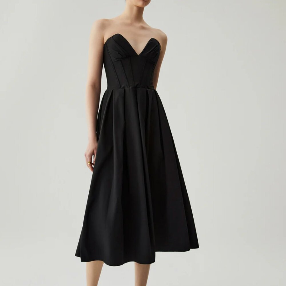 Commense Double Pockets Pleated Zip Corset Tube Midi Dress NWT black size small